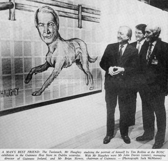 Jack McManus, press image in the Irish Times, 1988, of Charles Haughey posing with a painting by Tim Rollins and KOS 