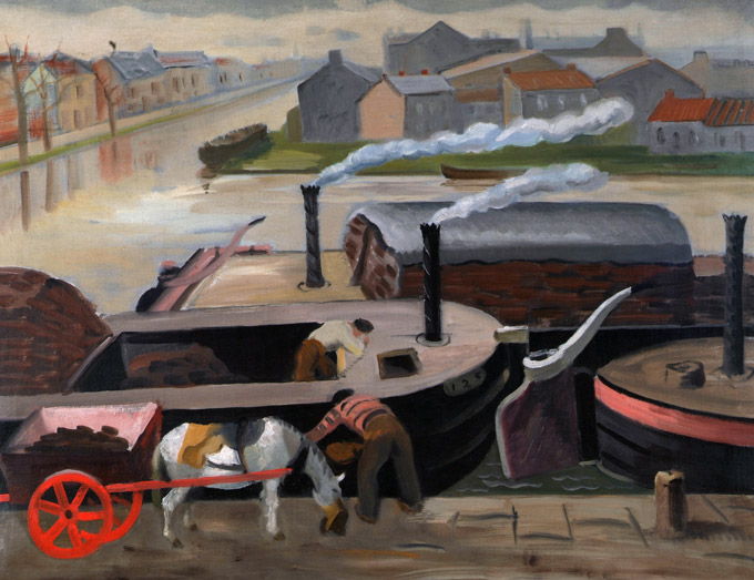 Joan Jameson (1892-1953), Barges unloading Turf, Grand Canal, Dublin c1943,