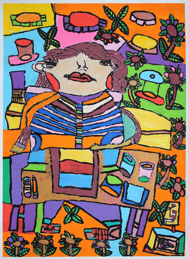 Sinéad Fahey This is Sinéad working at her desk 2014  Paint marker on paper 70 x 50 cm KCAT Studio, Kilkenny, Ireland Exhibited at the Crawford Art Gallery.   