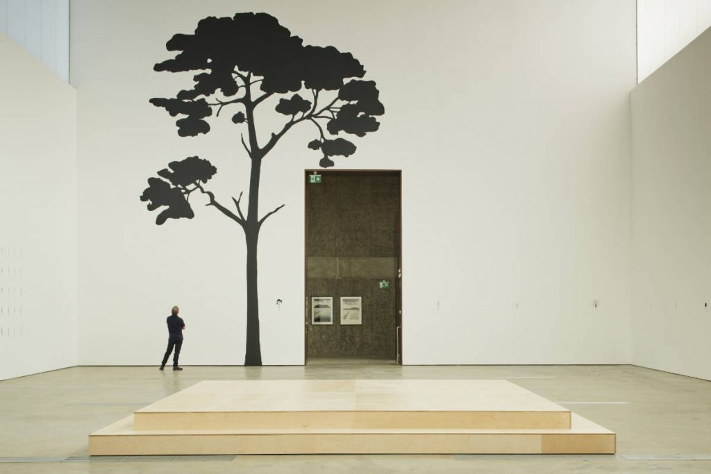 Image: Katie Holten, Irish Tree Alphabet, 2020, vinyl wall drawing. Installation view, VISUAL Carlow. Photo by Ros Kavanagh. Courtesy of the Artist and VISUAL Carlow.