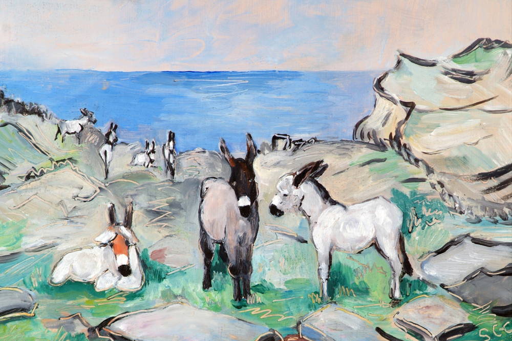 CAG.43 Sylvia Cooke-Collis, Donkeys in County Clare, c.1955, oil on board, 25.6 x 37.7 cm. Purchased, An tOireachtas, 1956 (Gibson Bequest Fund). © the artist’s estate.