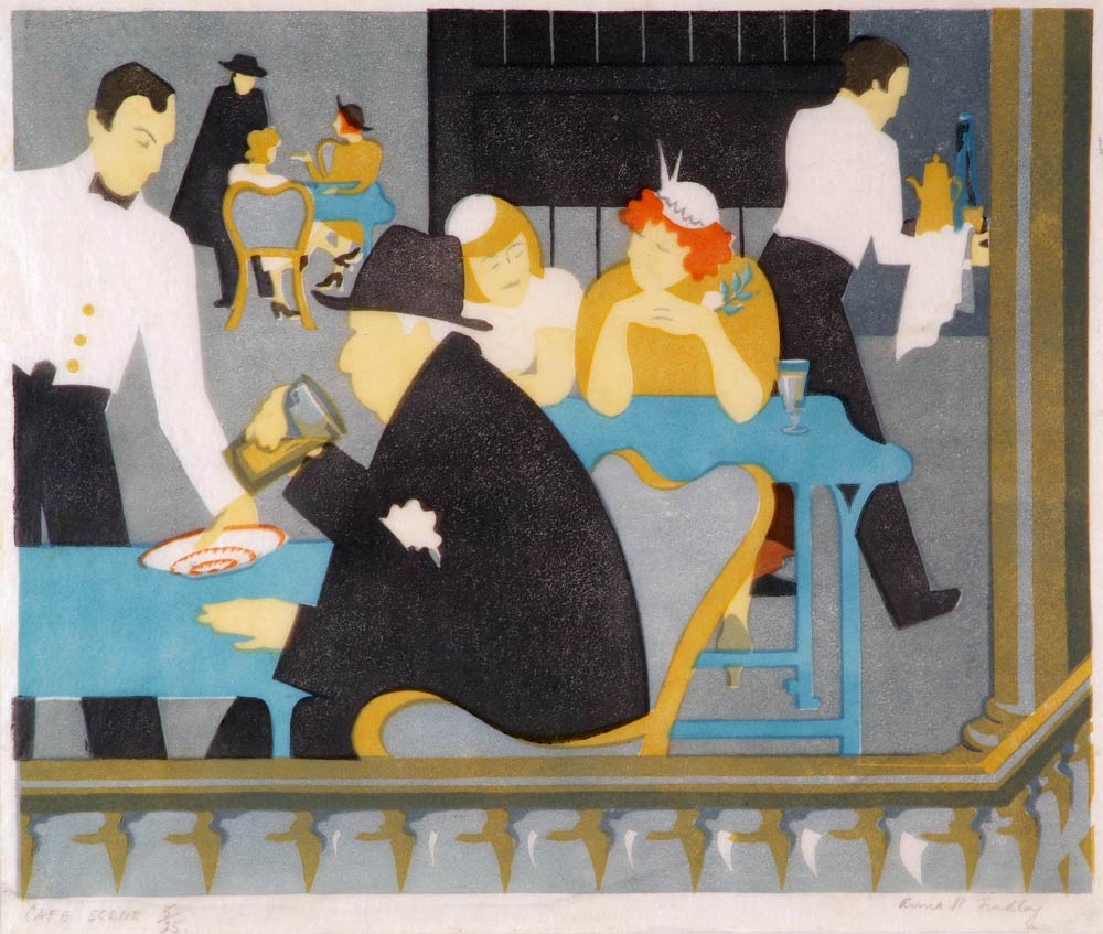 Work of the week - Anna-R.-Findlay,-Cafe-Scene,-1930s,-linocut,-24.5-x-29-cm.-Purchased,-Doig,-Wilson-&-Wheatley,-1939-(Gibson-Bequest-Fund).-©-the-artist’s-estate-web