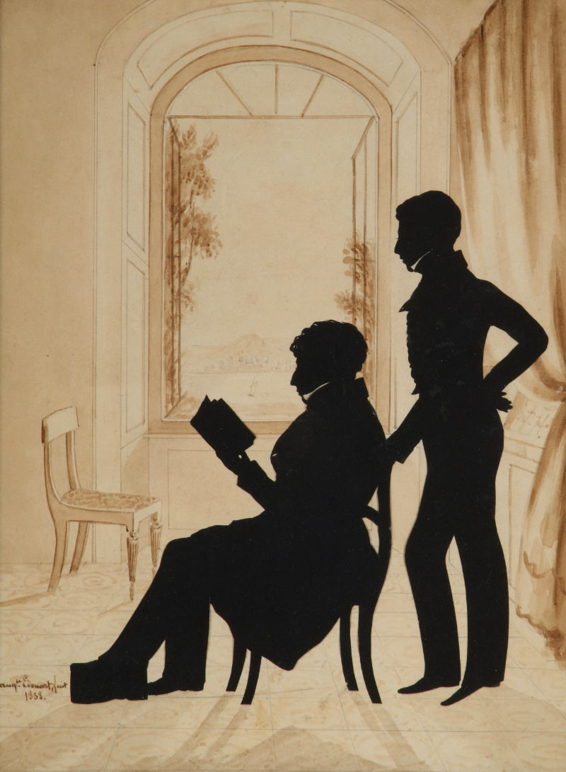 Augustin Amant Edouart, Members of the Crawford Family, 1838, black cut paper silhouette, 30.5 x 23 cm. Presented, Hugh Crawford Esq., 1989