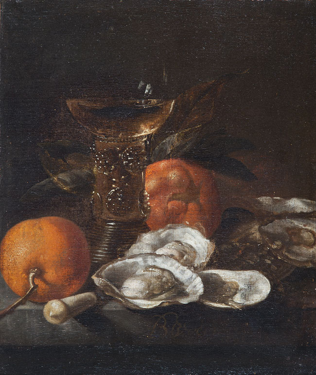 Barend van der Meer, Still Life with Fruit and Oysters, c.1680, oil on canvas, 34 x 28 cm. Presented, John and Helena Mooney, 2008 (Cooper Penrose Collection)