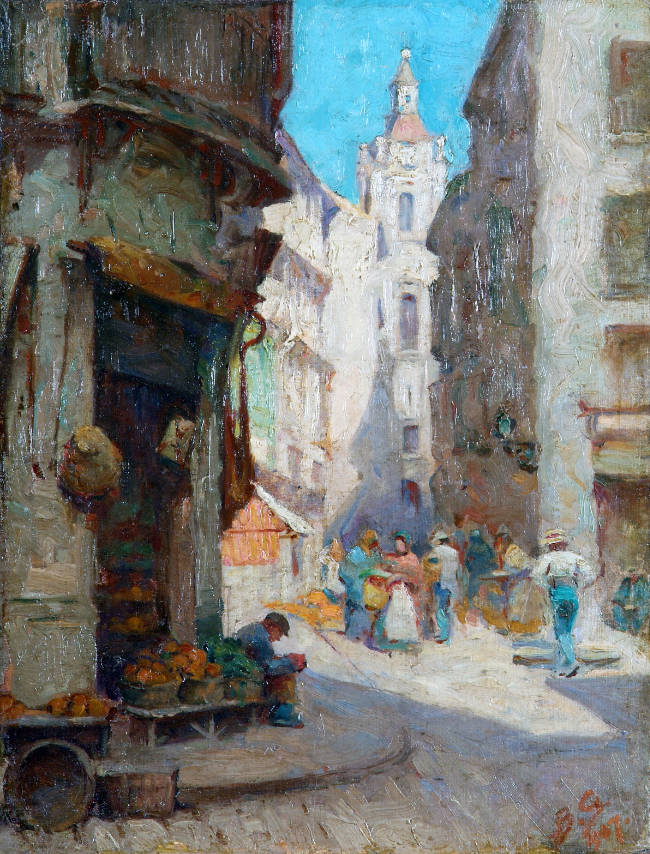 Beatrice E. Gubbins, Continental Street Scene, 1907, oil on canvas, 40.5 x 30.5 cm. Presented, the Artist