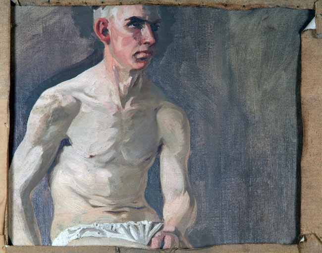 Brigid-Ganly,-Torso-of-a-Seated-Man,-verso-of-Faiche-Laighean-(Leinster-Lawn),-c.1947,-oil-on-canvas,-49.8-x-59.6-cm.