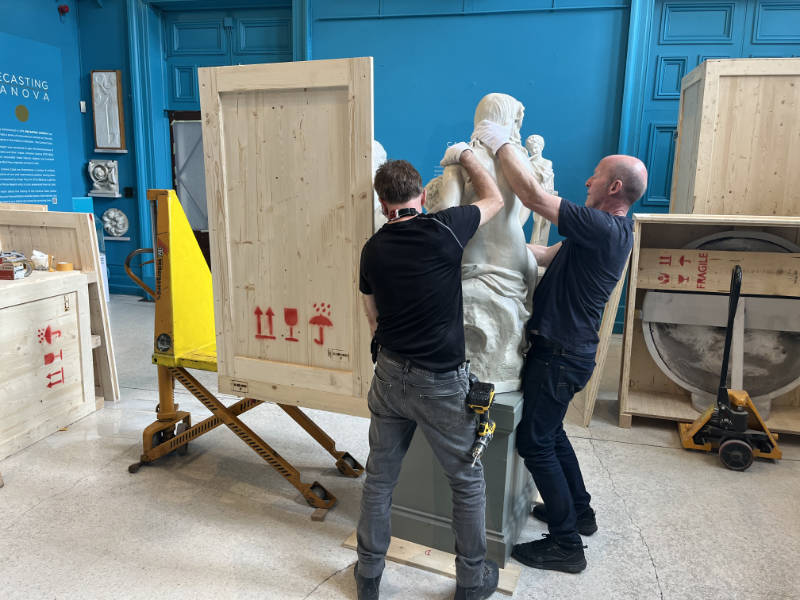 John McCormick and a Sculpture form colleague carefully crating a sculpture for the first decant of sculptural works from Crawford Art Gallery which took place in the week of May 20th, 2024.
