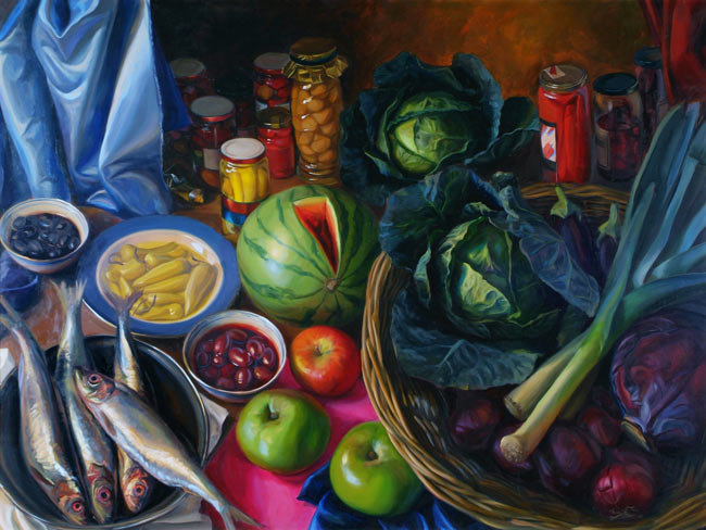 Geraldine-O’Neill,-Still-Life-–-Leeks-and-Red-Cabbage,-c.1993,-undated,-oil-on-canvas,-110-x-140-cm.-Presented,-2006-(Great-Southern-Collection).-©-the-artist_web
