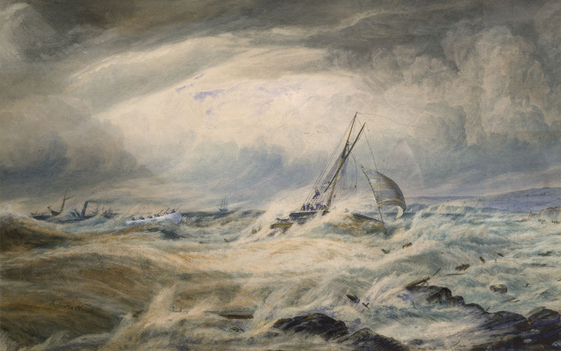 Henry Albert Hartland, The S.S. Ibis, Built at Cork, 1860, Lost at Ballycroneen Bay, 21st December 1865, 1865, watercolour, 72.3 x 99.4 cm. web