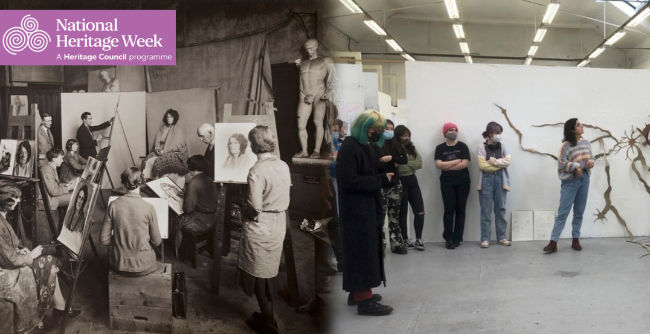 Left Image: Arthur Leupold, The Life Room (Crawford Municipal School of Art) (detail), c.1930. Right image: MTU Crawford College of Art Year 1 CCAD Fine Art Collaborative Construction, 2022.