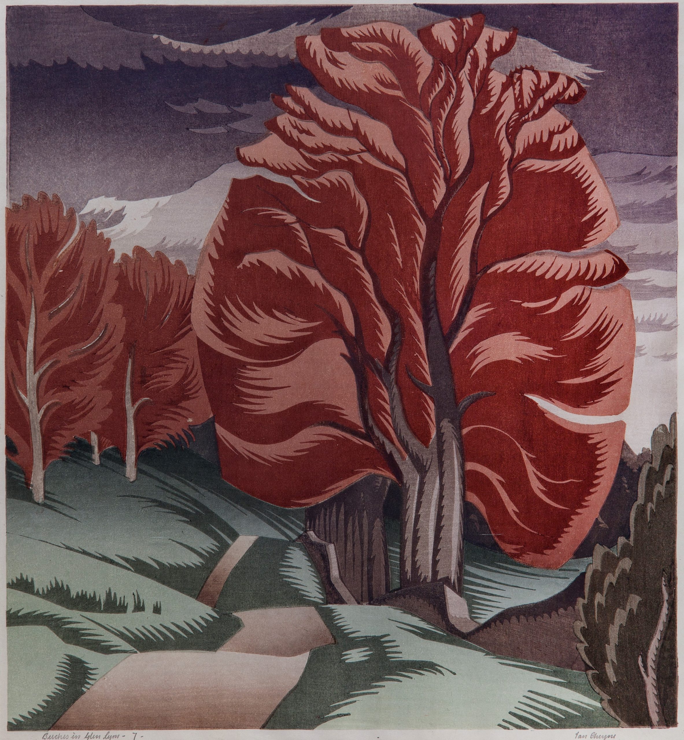Ian Cheyne, Beeches in Glen Lyon, 1937, colour woodcut on paper, 32.3 x 39.5 cm. Purchased, Doig, Wilson & Wheatley, 1939 (Gibson Bequest Fund). © the artist's estate.