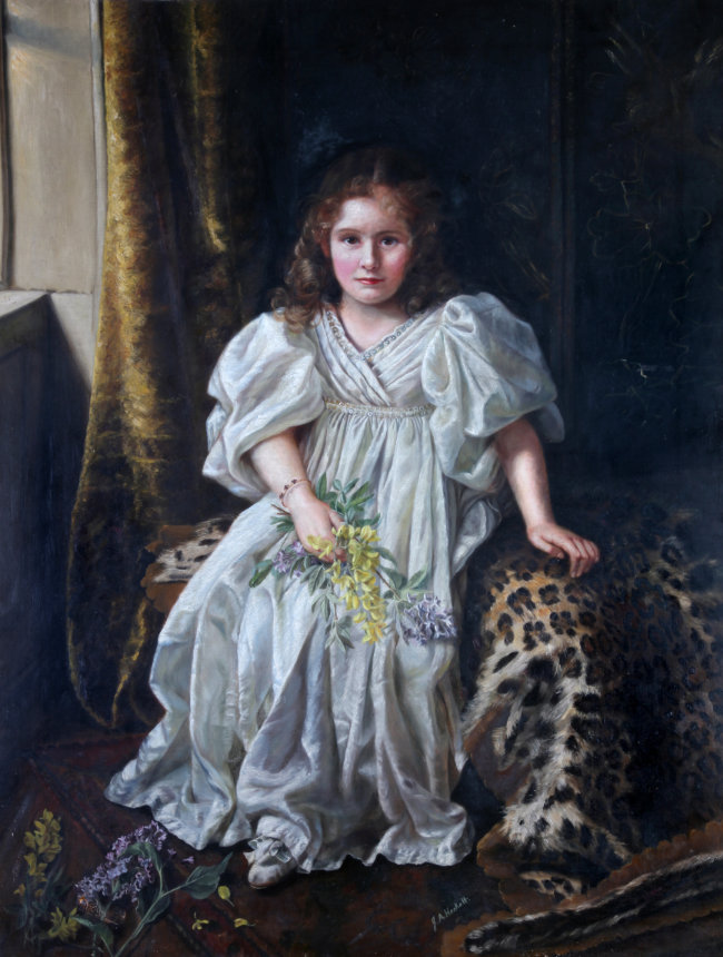 Jennie Ashton Hackett, Lilac and Laburnum – Portrait of Mabel Arnott, c.1898, oil on canvas, 112 x 85 cm. Presented, 1994