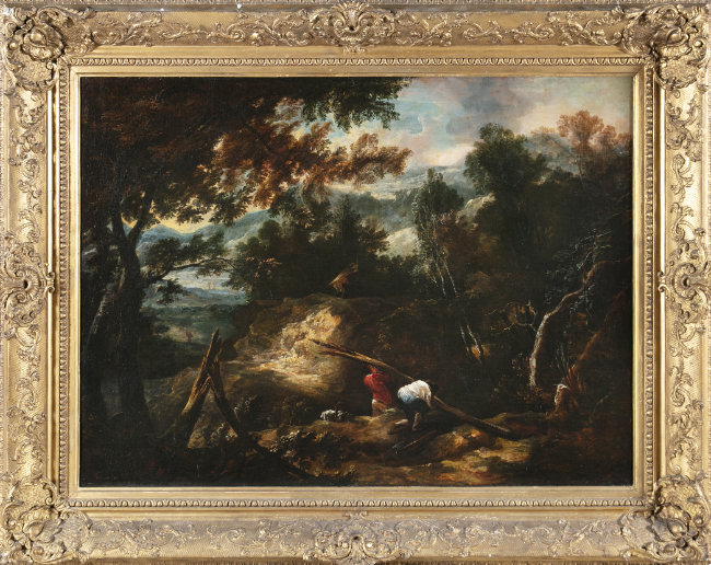 John Butts, A Mountainous Wooded Landscape with Figures Gathering Wood, undated, oil on canvas, 94.5 x 128 cm. Purchased, 2021