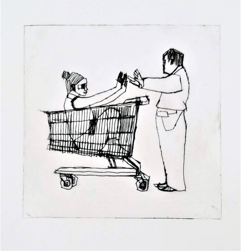 Image: John Keating, 'Girl in Shopping Trolley' , ink on paper, 30cm x 23cm. Courtesy of the Artist and Crawford Supported Studio.