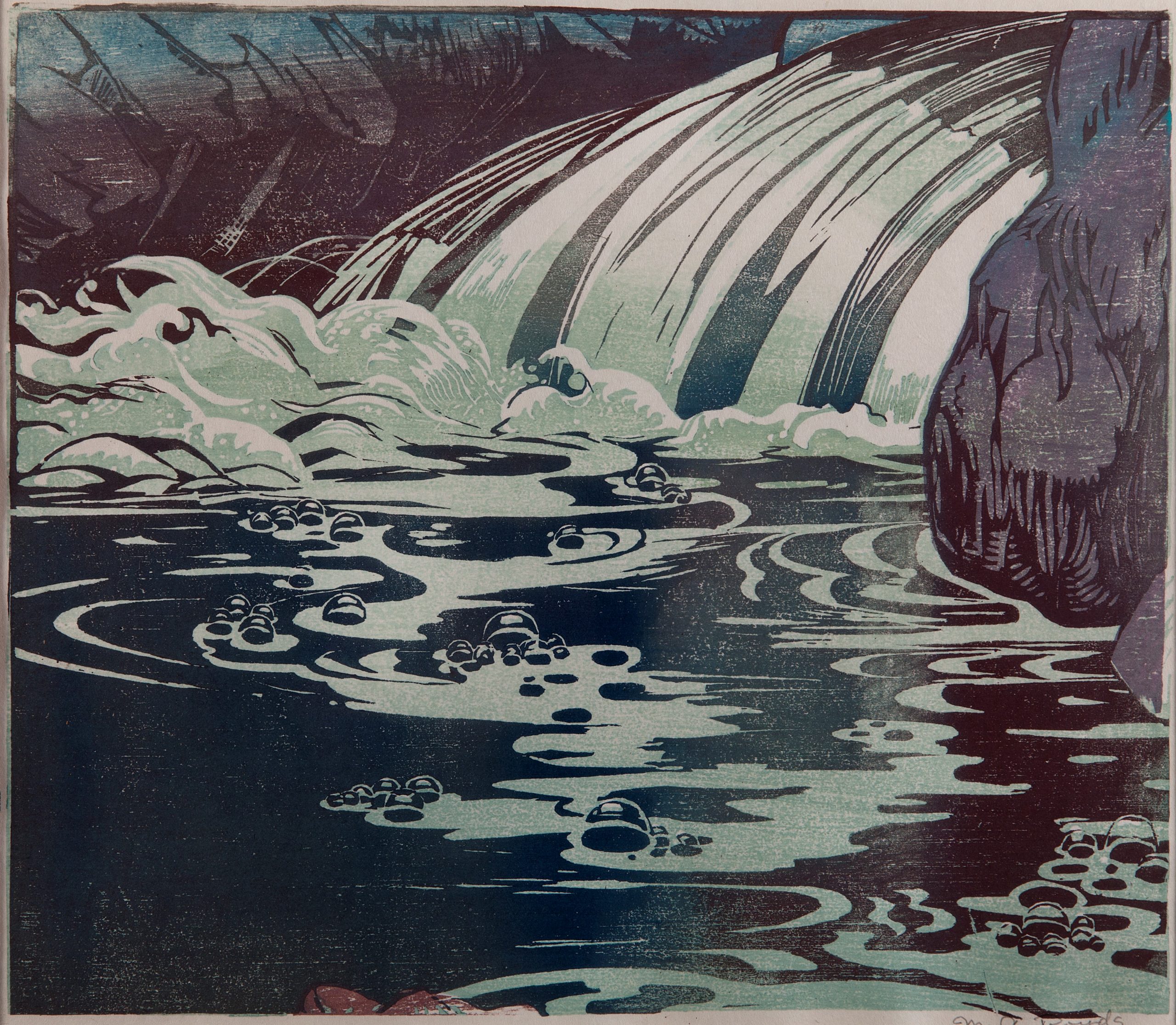 Mabel A. Royds, The Fall (or The Waterfall), c.1938, colour woodcut on paper, 29 x 25.2 cm. Purchased, Doig, Wilson & Wheatley, 1939 (Gibson Bequest Fund).