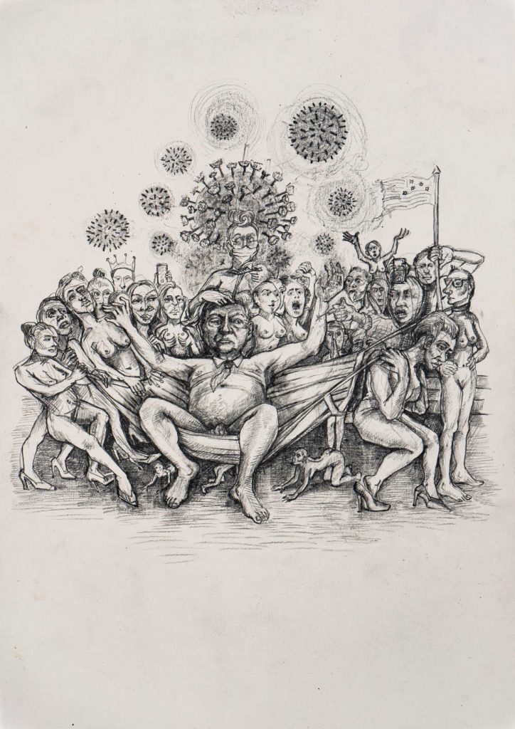 Image: Rita Duffy, 'The Emperor has no Clothes' (4 from series of 10), 2020, graphite on paper, 29.7 x 21 cm. Courtesy of the Artist.