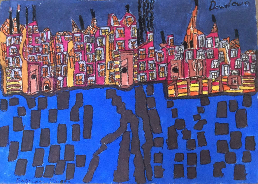 Image: Rosaleen Moore, ‘Downtown, New York’, 2019, acrylic and charcoal on paper. Courtesy of the Artist and Crawford Supported Studio.