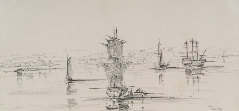 CAG.520 Sarah Grace Carr, View of Haulbowline and Spike Island from Cove, 11 October 1819, pencil on paper, 16 x 32 cm. Purchased, 1985.
