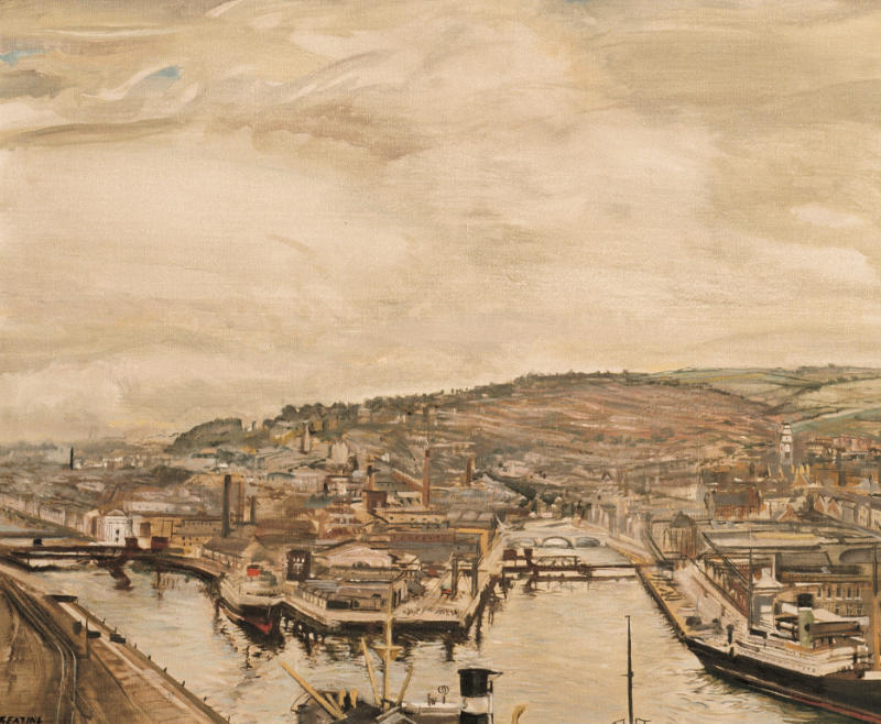 CAG.3176 Seán Keating, View of the Port of Cork, c.1960, oil on canvas, 82.5 x 96 cm. Presented, Port of Cork, 2021 (Port of Cork Collection). © Estate of Seán Keating, IVARO Dublin, 2022.