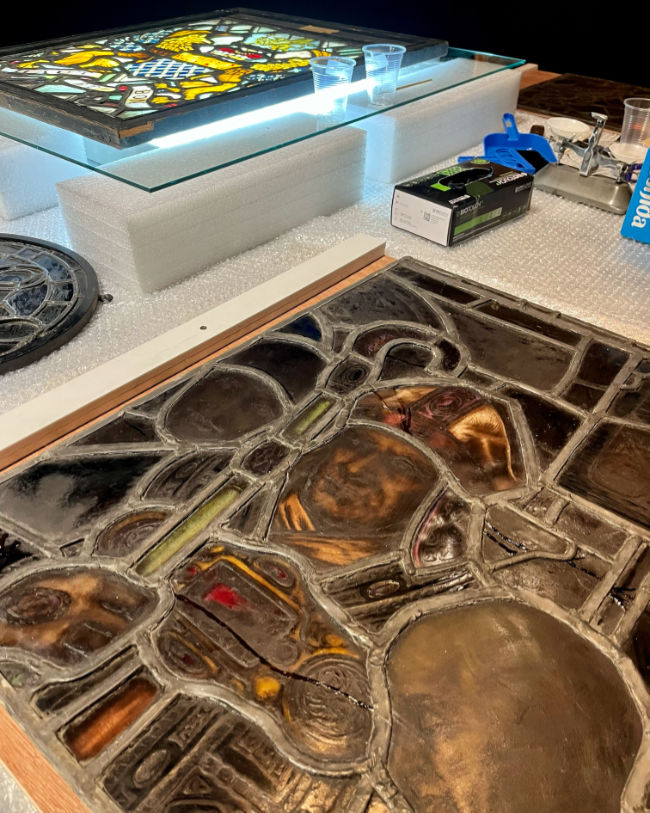 The Consecration of St Mel, Bishop of Longford, by St Patrick removed from its old framing unit, March 2023. Photo: Michael Waldron.