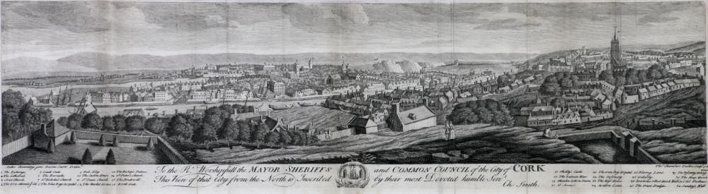 Thomas Chambers, Panoramic View of Cork, 1750, engraving on paper, 18 x 64 cm. Purchased, 2004