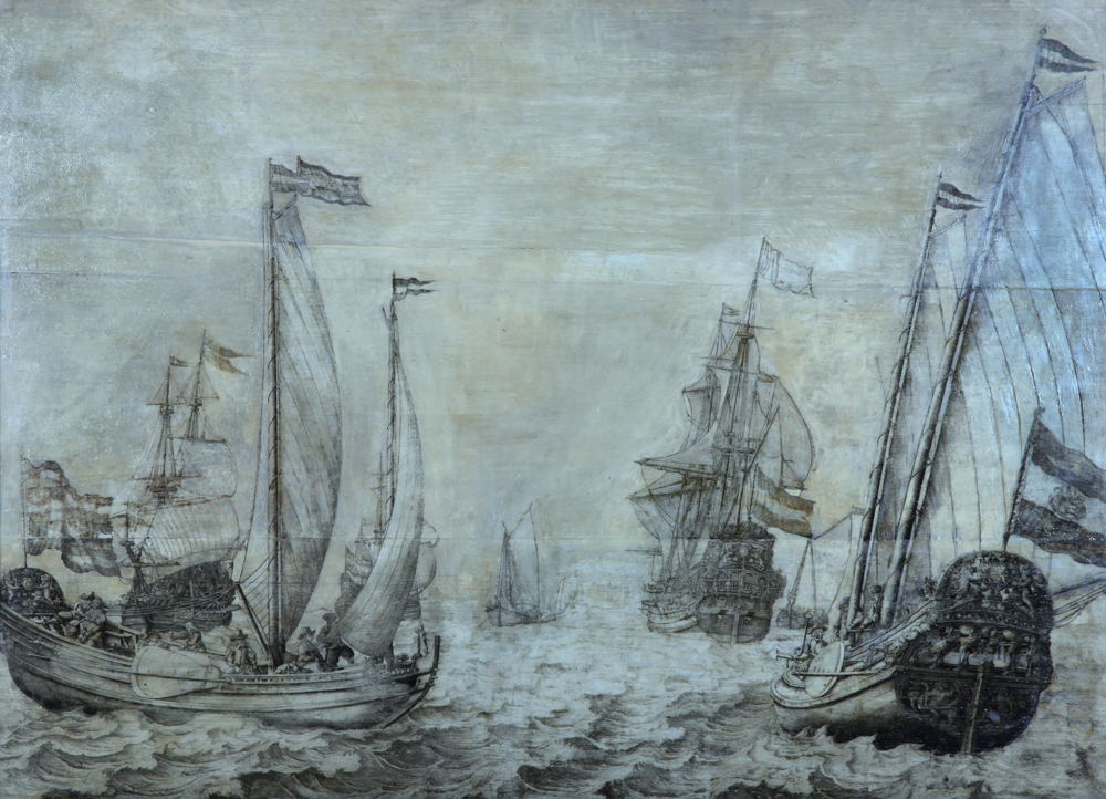 Willem Van de Velde the Elder, Dutch Vessels, c.1650, grisaille on board, 91.5 x 117 cm. Purchased (Gibson Bequest Fund)_optimised