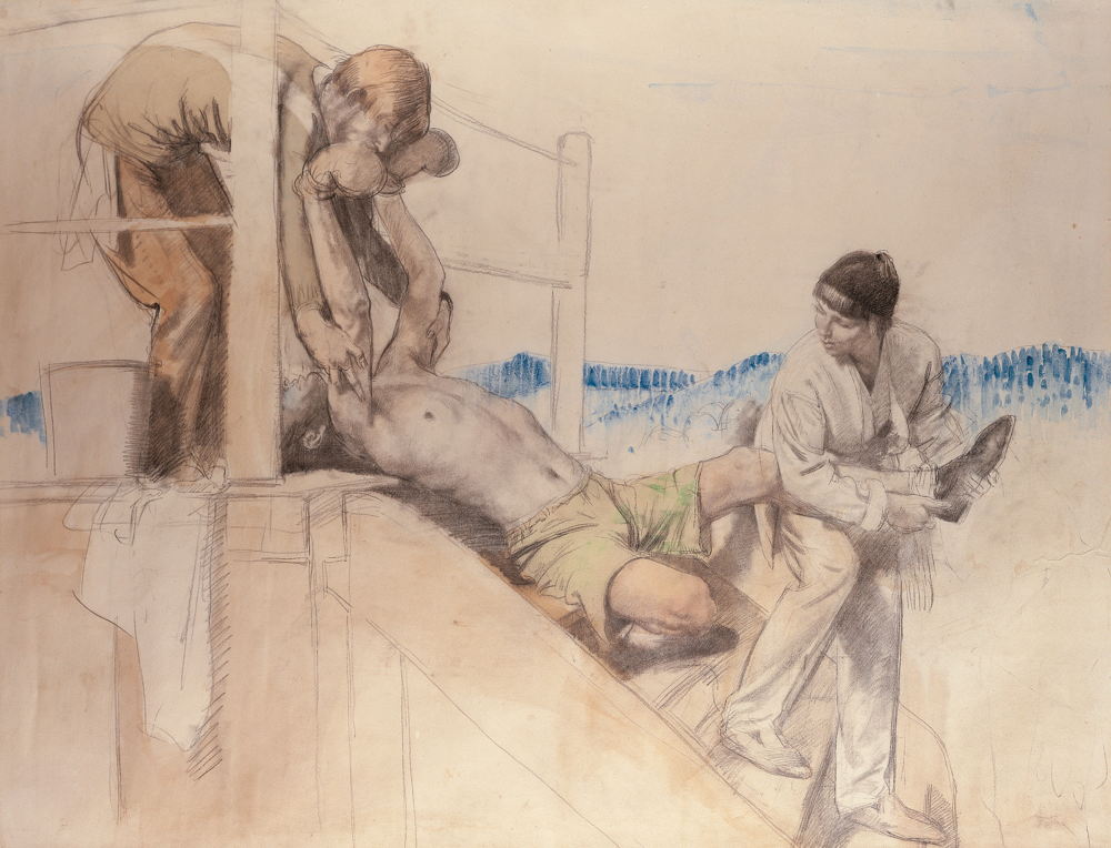 CAG.2798 William Orpen, The Boxer, c.1914, pencil and watercolour on paper, 83.8 x 108.6 cm. Donated to the State, 2012 (AIB Art Collection). © Crawford Art Gallery, Cork