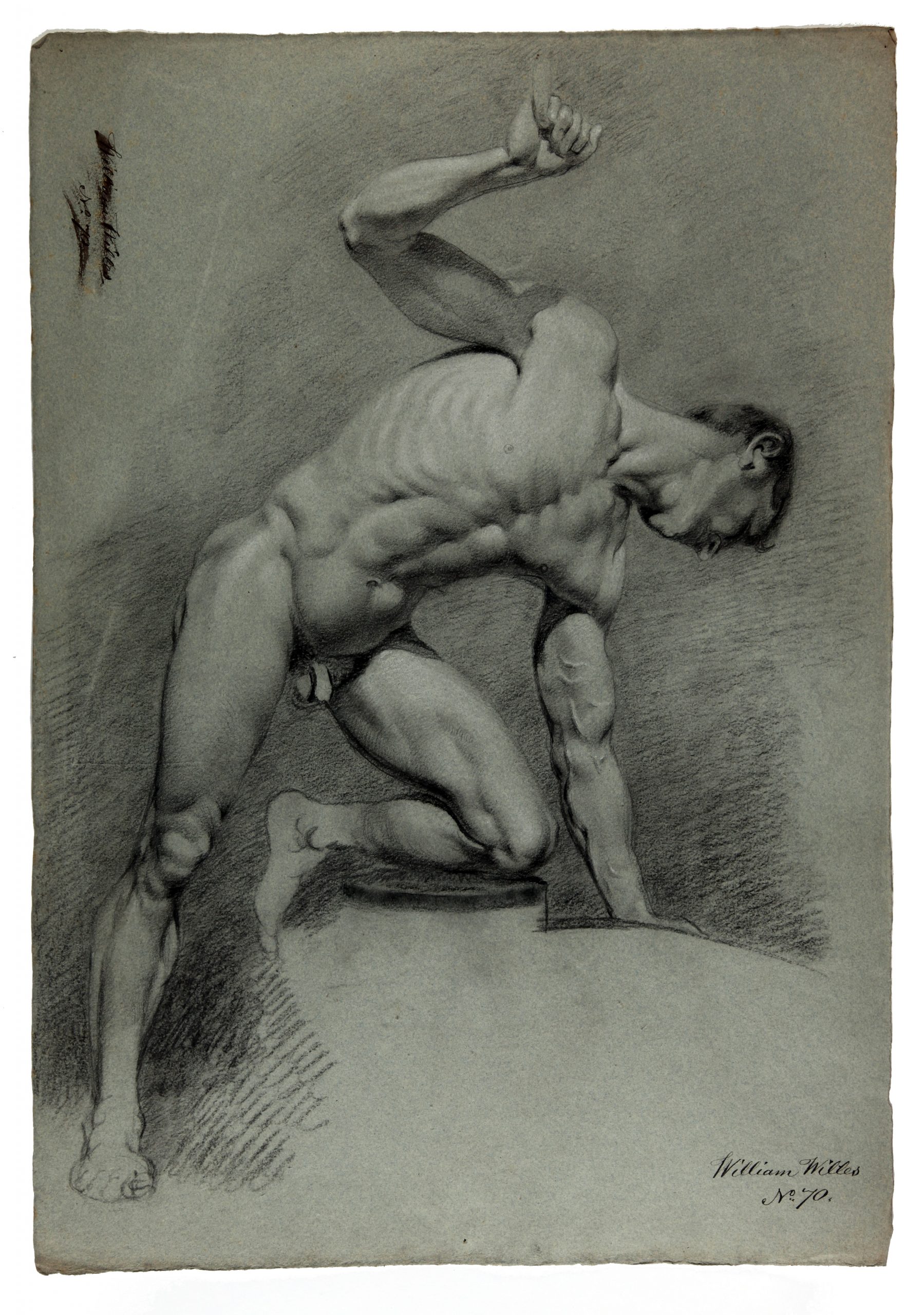 William Willes, Male Nude with One Knee Kneeling on a Plinth, undated, charcoal on paper, 54 x 36 cm.