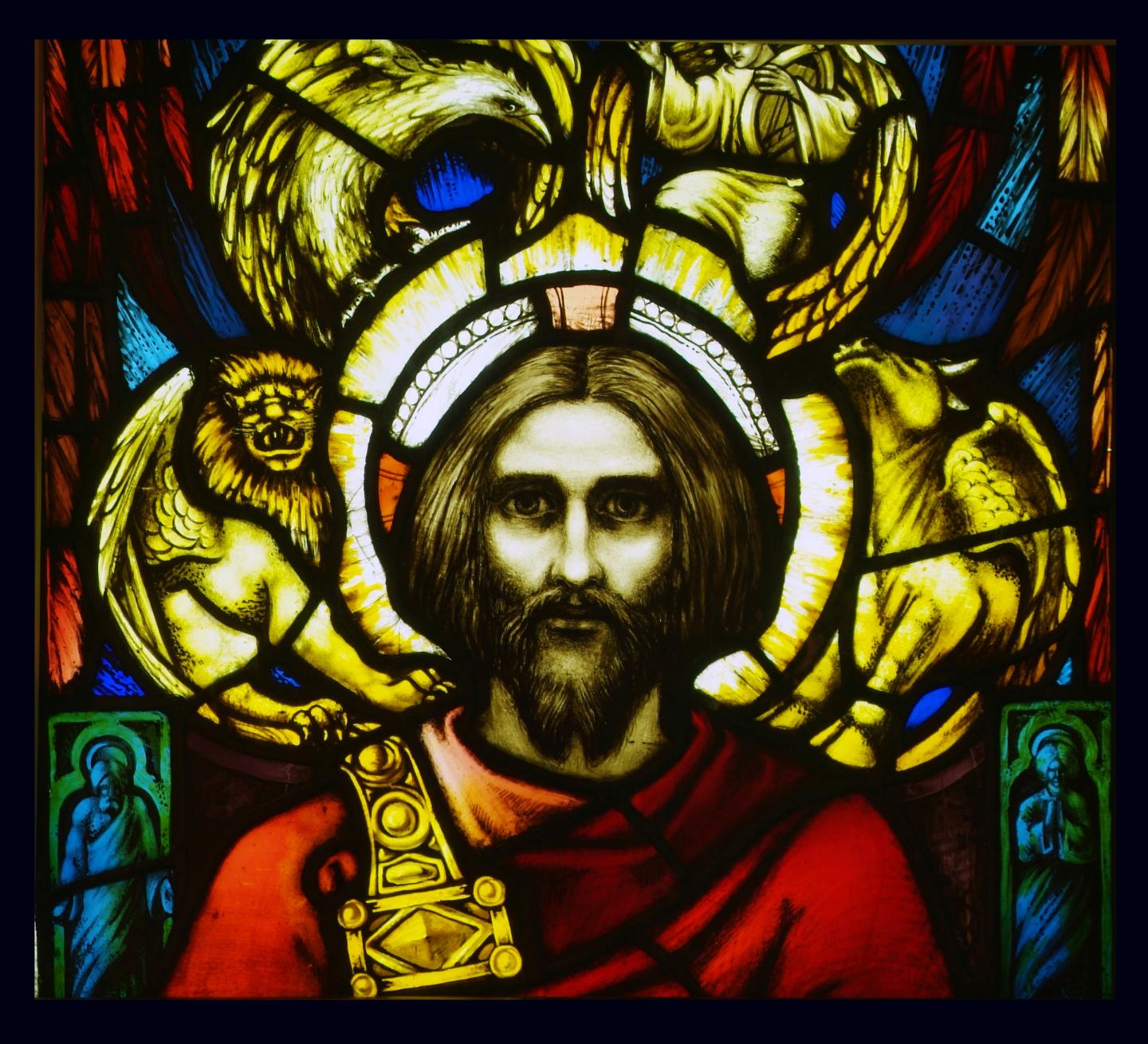 Harry Clarke, The Godhead Enthroned, 1911, painted, acided stained glass, 68.6 x 63.5 cm.