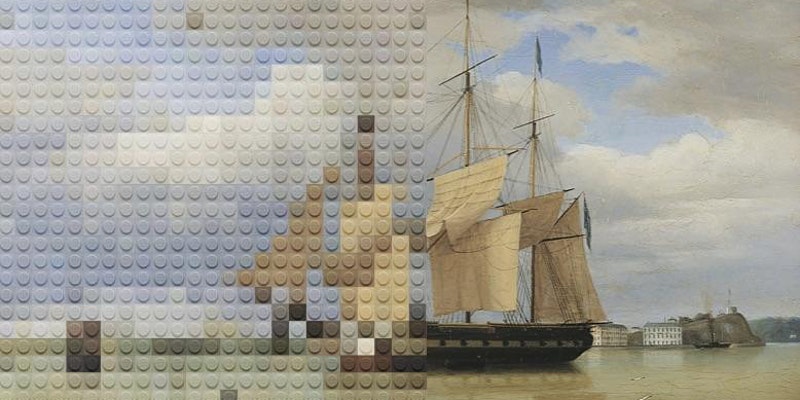George Mounsey Wheatley Atkinson, Sailing Ship off Haulbowline, Cork Harbour, n.d.Collection Crawford Art Gallery, Cork (Far Left: Detail re-imagined through plastic blocks)